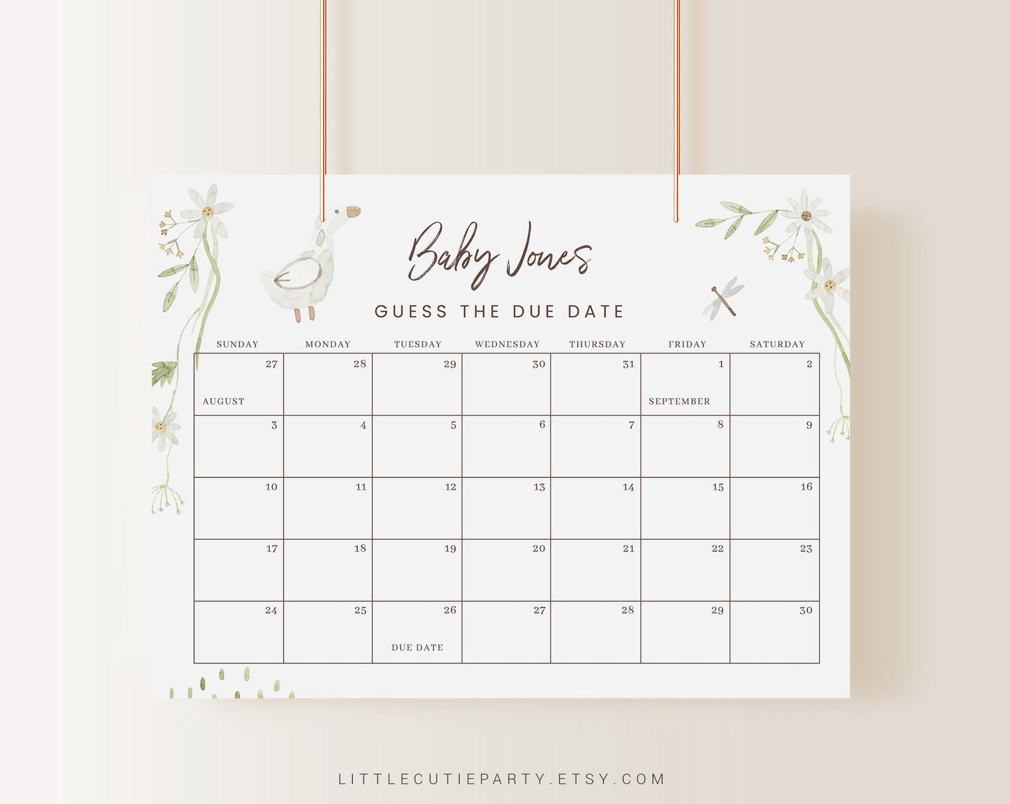 Editable Duck Baby Shower Due Date, Duck Baby Calendar Game, Due Date Calendar for Duck Party DUCKBS001