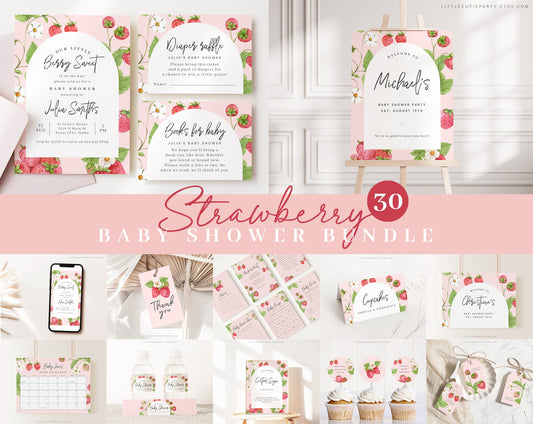 Editable Strawberry Baby Shower Bundle, Strawberry Baby Shower Invitation Bundle, with Games Bundle and All Decorations STRWBS001
