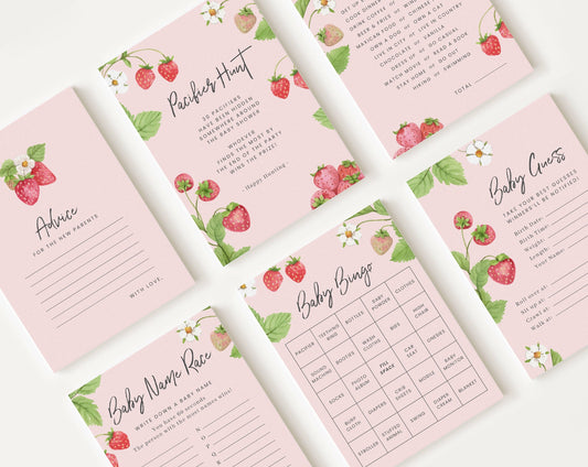 10 Editable Strawberry Baby Shower Games, Baby Shower Games Bundle, Gender Neutral Party Games STRWBS001