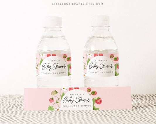 Editable Strawberry Water Bottle Labels, Strawberry Bottle Labels, Strawberry Baby Shower Party Decorations STRWBS001