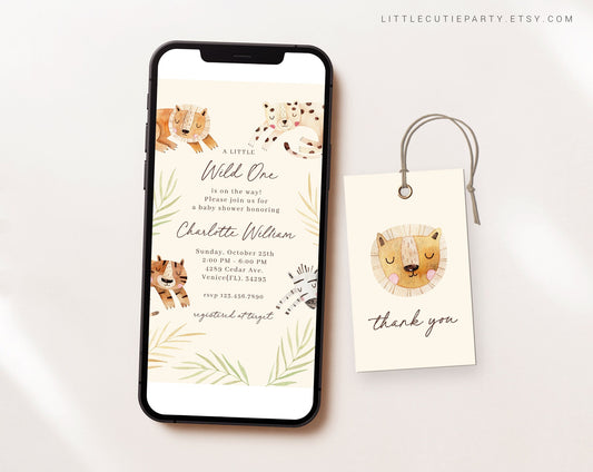 Editable a Little Wild One Baby Shower Evite, Safari Baby Shower Invitation, Wild One Electronic Invite WILDBS001