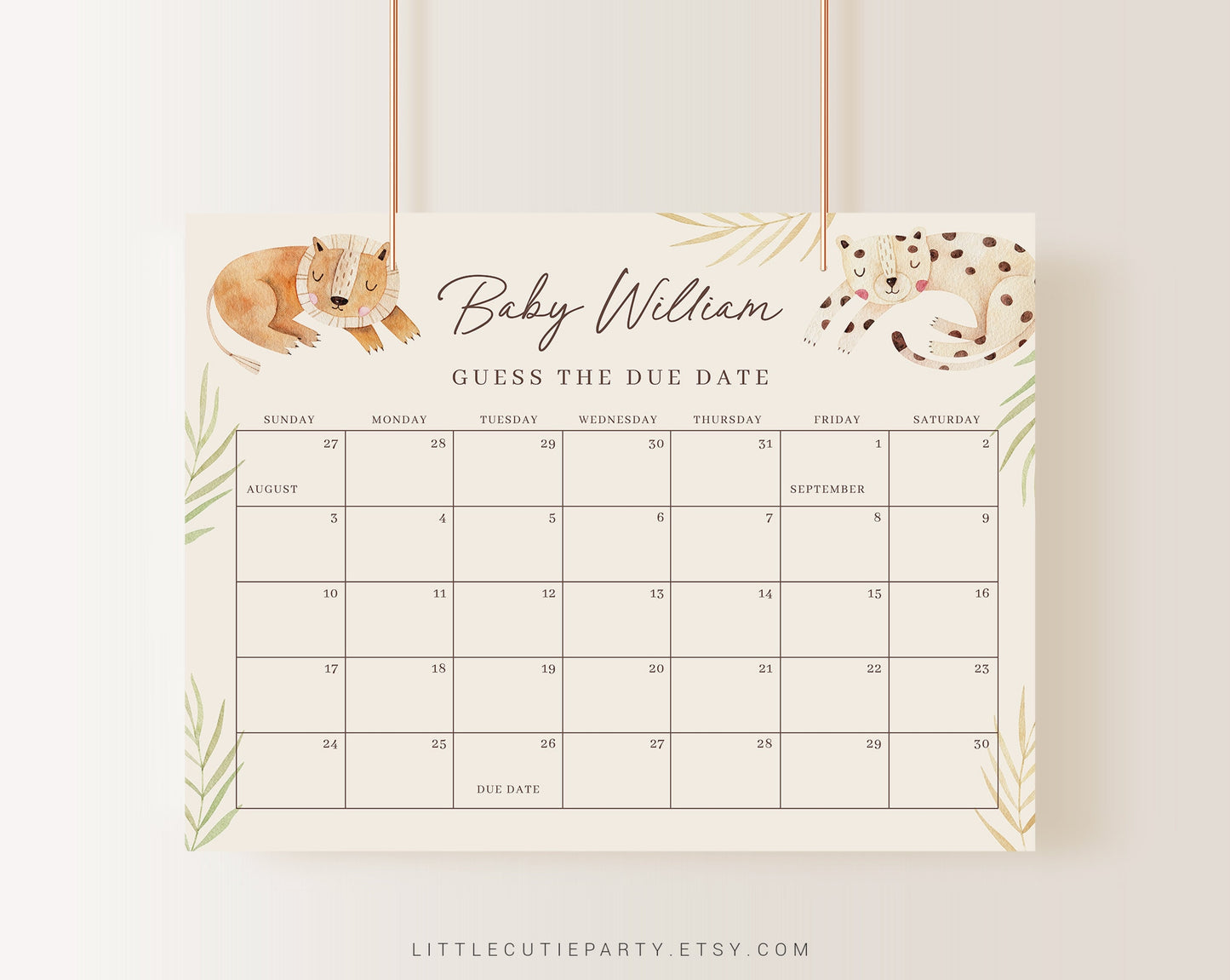 Editable Wild One Baby Shower Due Date, Wild One Baby Calendar Game, Due Date Calendar for Safari Party WILDBS001