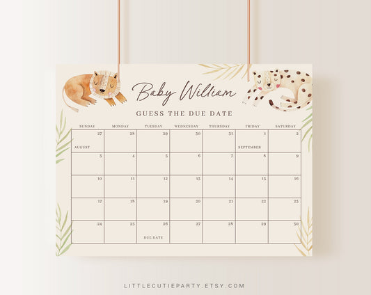Editable Wild One Baby Shower Due Date, Wild One Baby Calendar Game, Due Date Calendar for Safari Party WILDBS001