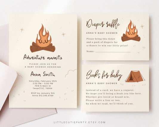Editable Adventure Awaits Baby Shower Invitation, Adventure Awaits Baby Shower, Camping Decor for a Baby Shower Party ADVBS002
