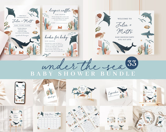 Editable Ocean Baby Shower Invitation Bundle, Under the Sea Baby Shower Decorations, with Games Bundle and All Decorations OCENBS001