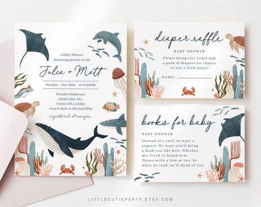 Editable Ocean Baby Shower, Under the Sea Baby Shower, with Diaper Raffle, Books for Baby and Gift Tag OCENBS001