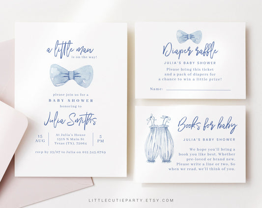 Editable Little Man Baby Shower Invitation, Bow Tie Baby Shower Invite, Little Man Baby Shower Party LMANBS001