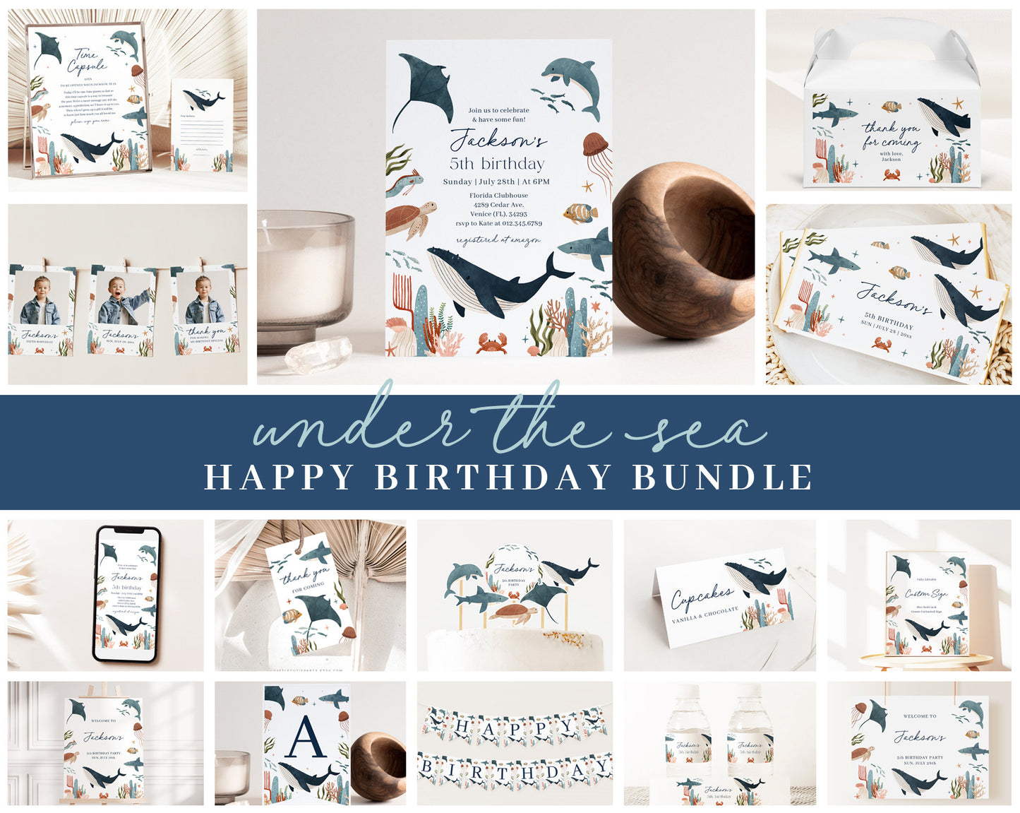 Editable Ocean Birthday Invitation, Sea Life Invitation, with Under the Sea Party Decorations OCENBD001