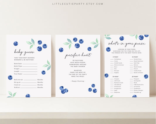 10 Editable Blueberry Baby Shower Games, Berry Sweet Baby Shower Games, Nautical Baby Shower Game Bundle, Blueberry Theme BLUEBS001