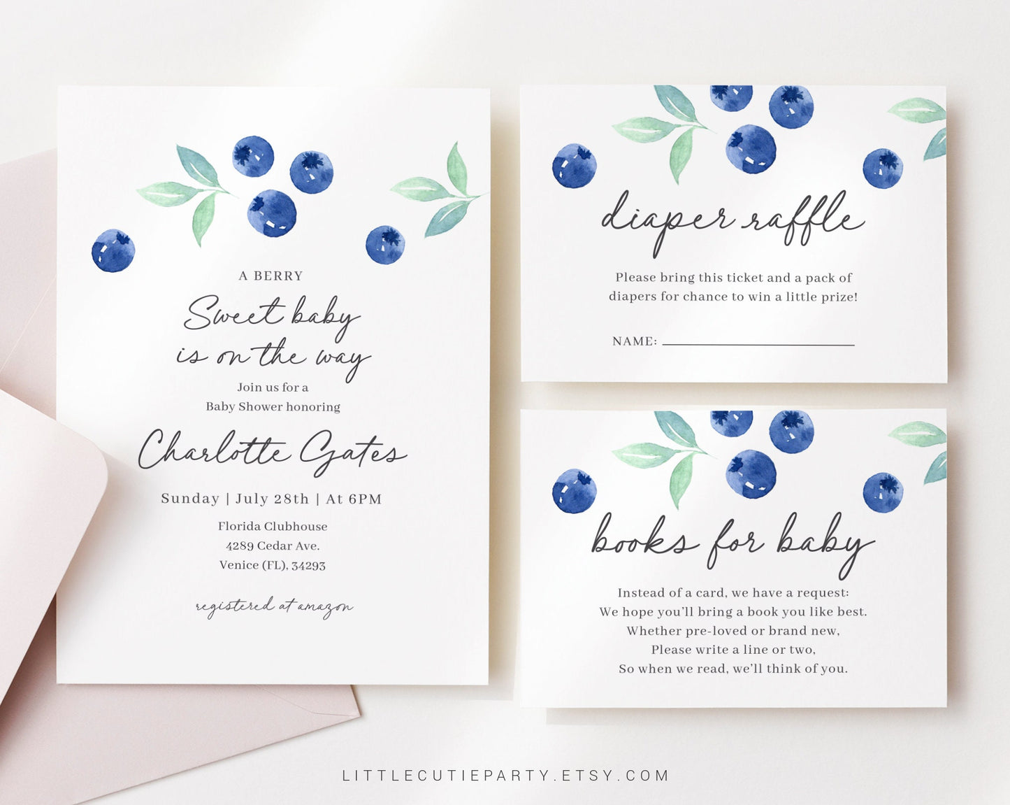 Editable Blueberry Baby Shower Invitation, Blueberry Baby Shower Invite, Berry with Diaper Raffle, Books for Baby and Gift Tag BLUEBS001