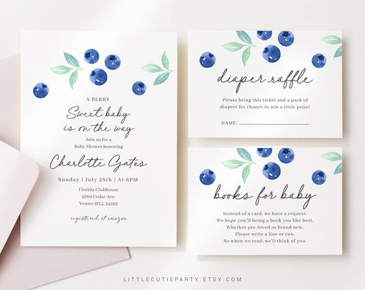 Editable Blueberry Baby Shower Invitation, Blueberry Baby Shower Invite, Berry with Diaper Raffle, Books for Baby and Gift Tag BLUEBS001