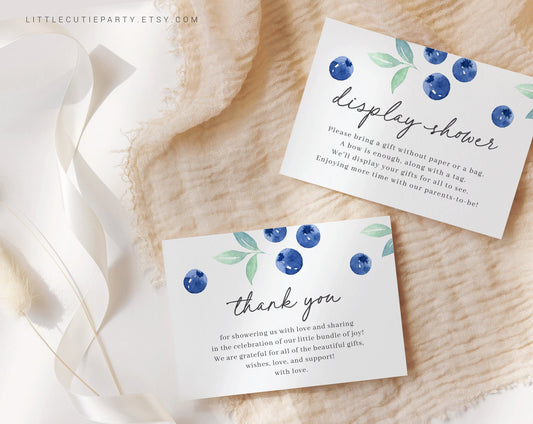 Editable Blueberry Thank you Card, Baby Shower Display Card for Sweet Berry Baby Shower Party BLUEBS001
