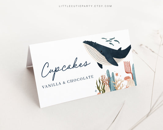 Editable Ocean Food Labels, Food Tent cards, Food Tags, Folded Food Cards for Under the Sea Baby Shower Party OCENBS001