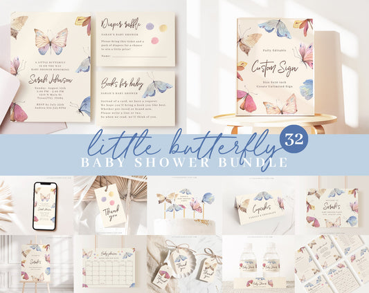 Editable Butterfly Boho Baby Shower Bundle, Butterfly Baby Shower Invitation, with Games Bundle and All Decorations BUTFBS001