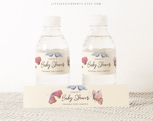 Editable Butterfly Water Bottle Labels, Butterfly Bottle Labels, Butterfly Baby Girl Party Decor BUTFBS001