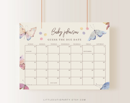 Editable Butterfly Baby Shower Due Date, Butterfly on the way, Due Date Calendar for Butterfly Party BUTFBS001