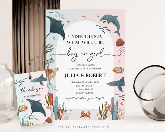 Editable Under The Sea Gender Reveal Invitation, Ocean Animals Gender Reveal Party, He Or She, Boy Or Girl Nautical Baby Shower OCENGR001