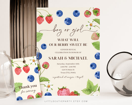 Editable Berry Gender Reveal Invitation, Berry Sweet, Blueberry and Strawberry, He Or She, Boy Or Girl Nautical Baby Shower BERGR001
