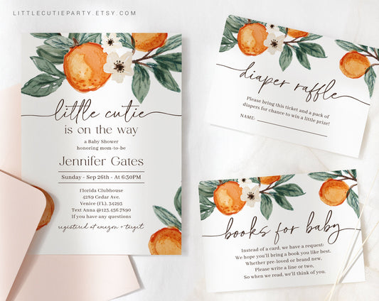 Editable Little Cutie is on the way Invitation, Little Cutie Baby Shower Invitation with Diaper Raffle, Books for Baby and Tag LITTBS002