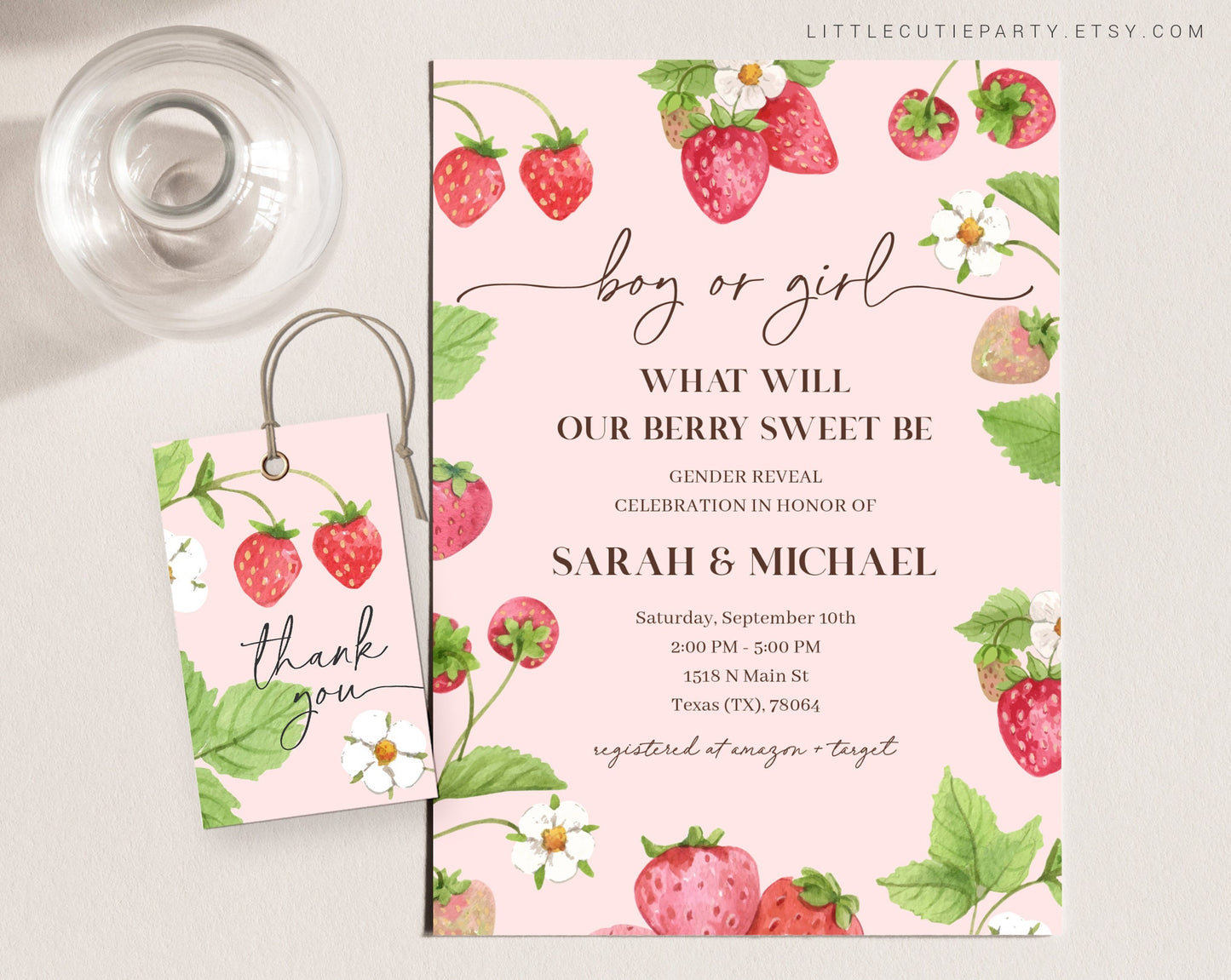 Editable Strawberry Gender Reveal Invitation, Berry Sweet, Strawberry Baby Shower, He Or She, Boy Or Girl Nautical Baby Shower STWGR001