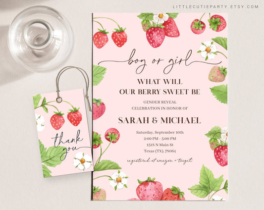 Editable Strawberry Gender Reveal Invitation, Berry Sweet, Strawberry Baby Shower, He Or She, Boy Or Girl Nautical Baby Shower STWGR001