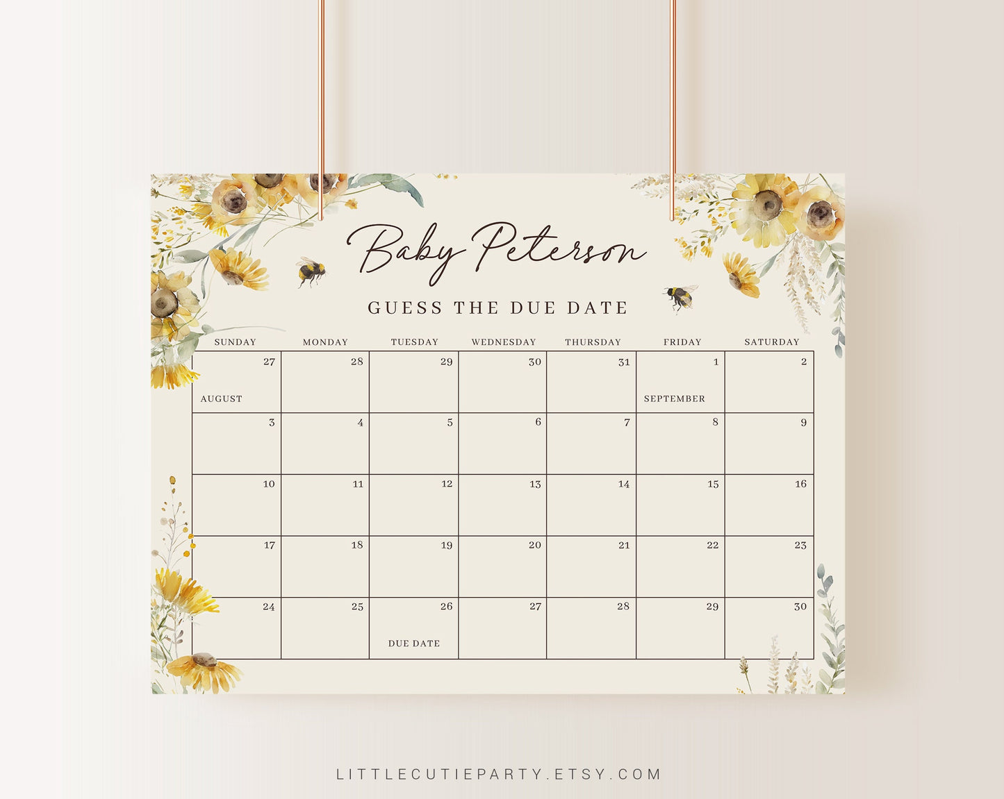 Editable Mommy to Bee Baby Shower Due Date, Mama to Bee Baby Calendar Game, Due Date Calendar for Bee Party MBEEBS001, BEEGR001