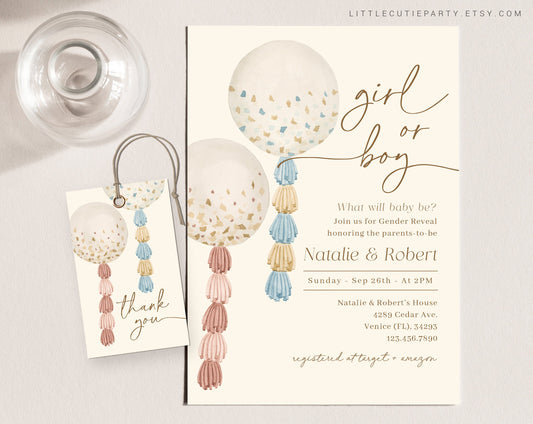 Editable Gender Reveal Balloon Invitation, Balloon Gender Reveal Invitation, Gender Reveal Party, Boy Or Girl with Tag Favor BALGR001