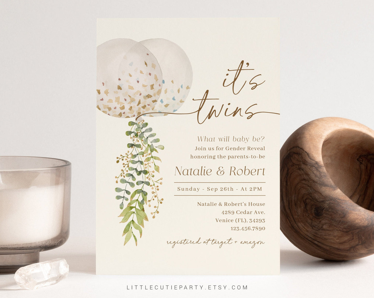 Editable Twin Gender Reveal Invitation, Balloon Gender Reveal Invitation, Gender Reveal Party, Balloons Baby Shower with Tag Favor TWINGR001