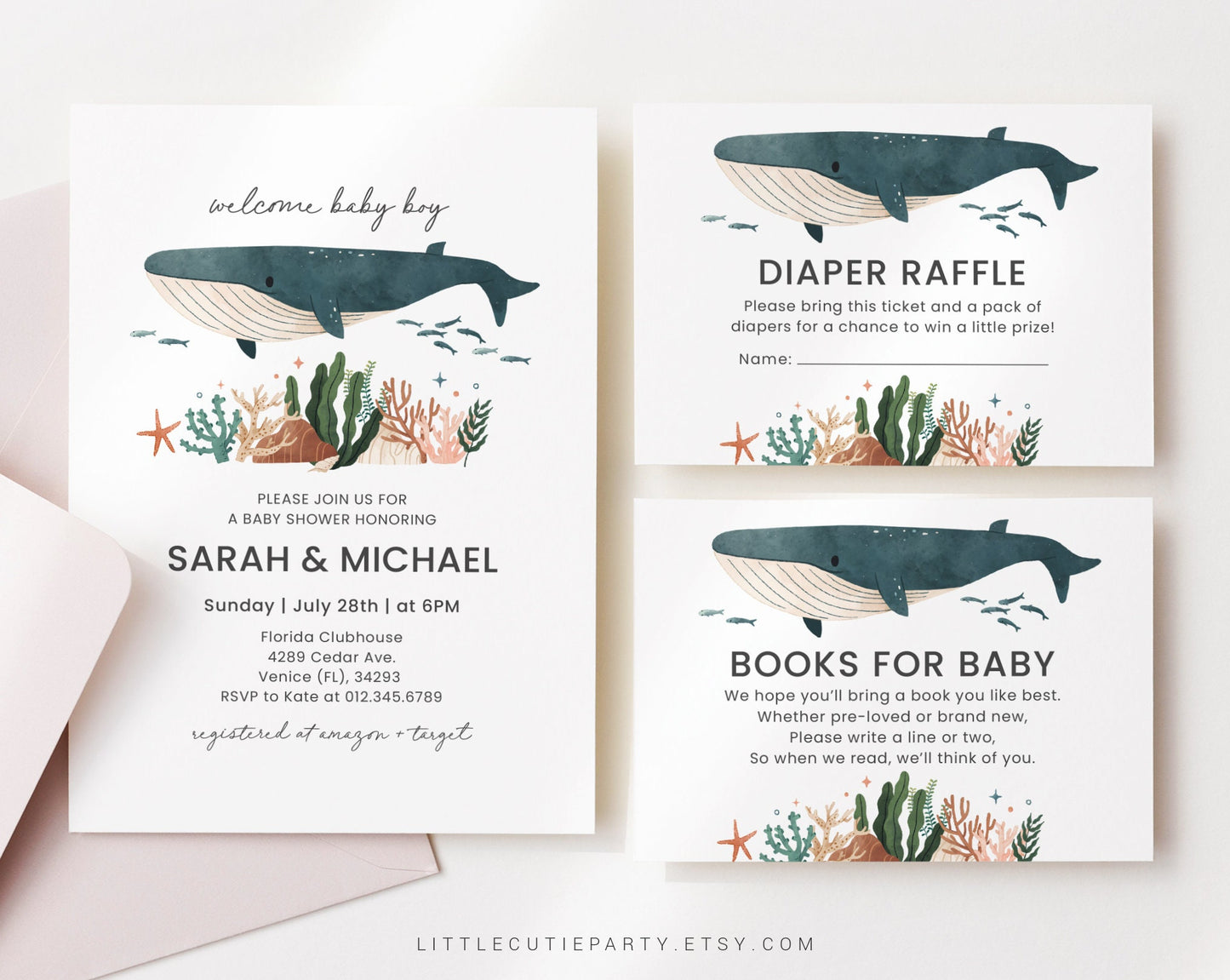 Editable Whale Baby Shower Invitation, Ocean Baby Shower Invitation, Under the Sea Baby Shower Invites Set for Whale Theme Party WHALBS001