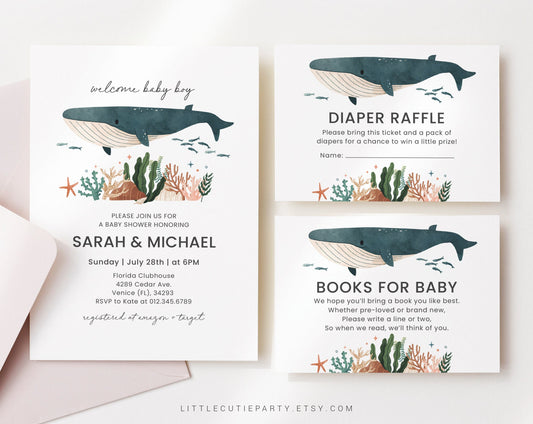 Editable Whale Baby Shower Invitation, Ocean Baby Shower Invitation, Under the Sea Baby Shower Invites Set for Whale Theme Party WHALBS001