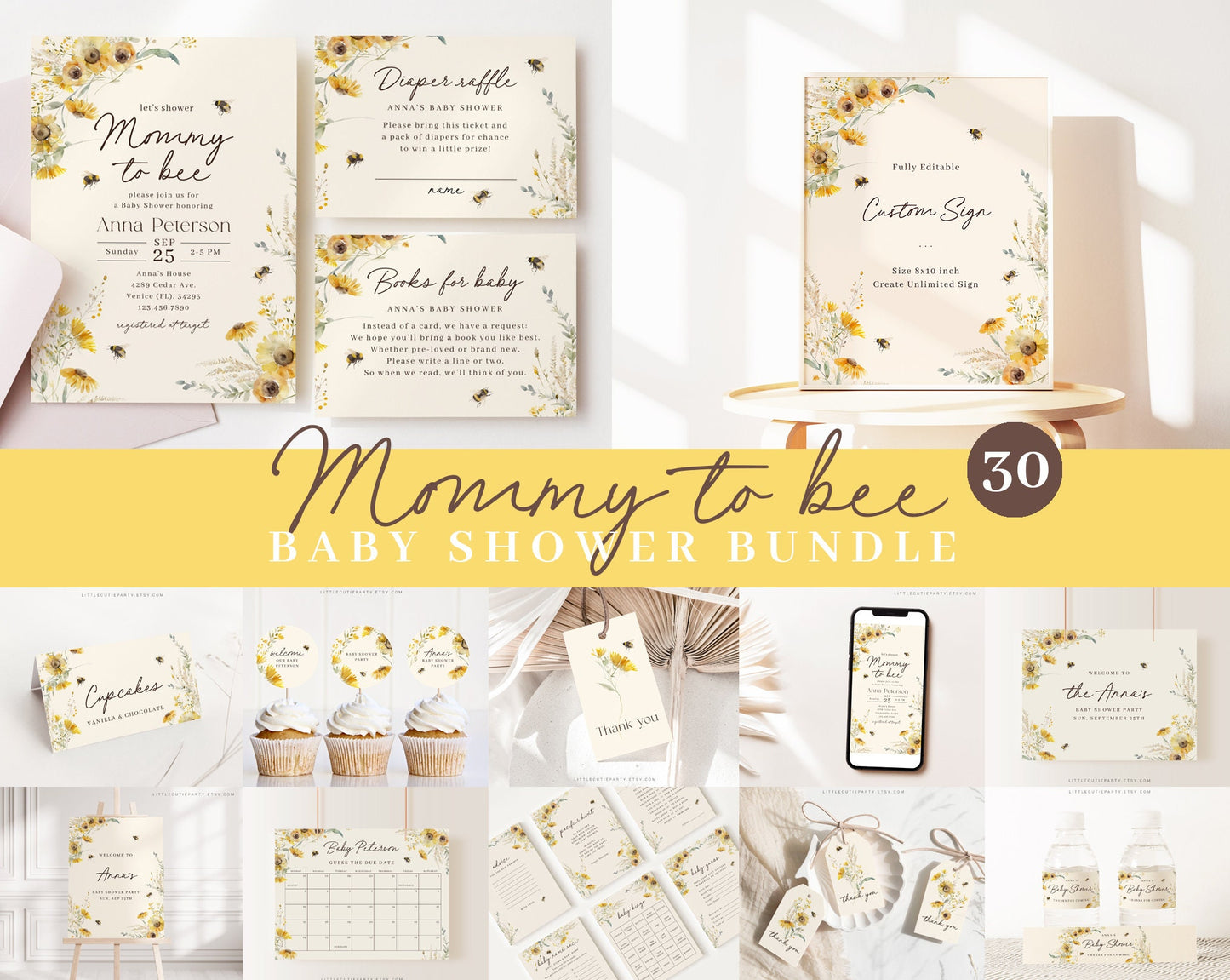 Editable Mommy to Bee Baby Shower Bundle, Mama to Bee Invitation, with Games Bundle and All Decorations MBEEBS001