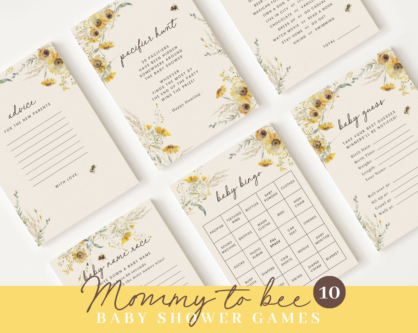 Editable Mommy to Bee Baby Shower Bundle, Mama to Bee Invitation, with Games Bundle and All Decorations MBEEBS001