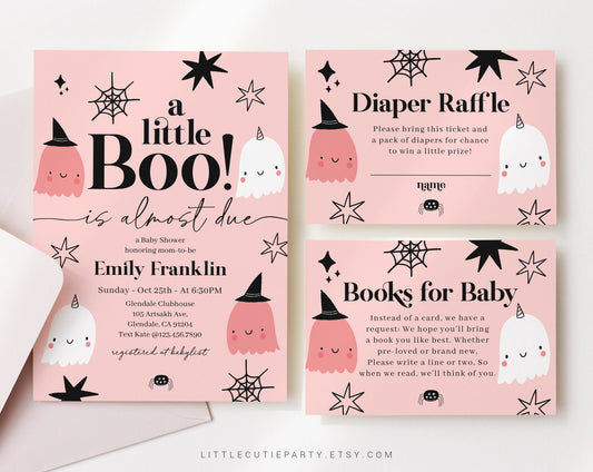 Editable Little Boo is Almost Due Invitation, Halloween Baby Shower Invitation Girl, Ghost and Spooky Baby Shower Party HAWBS001