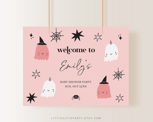 Editable Halloween Baby Shower Sign, Little Boo is Almost Due Decorations Vinyl Banner HAWBS001