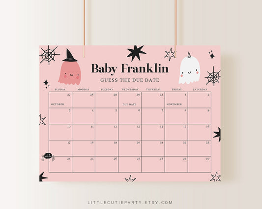 Editable Little Boo is Almost Due Baby Shower, Due Date Calendar Game, Baby Shower Due Date Calendar for Halloween Party HAWBS001
