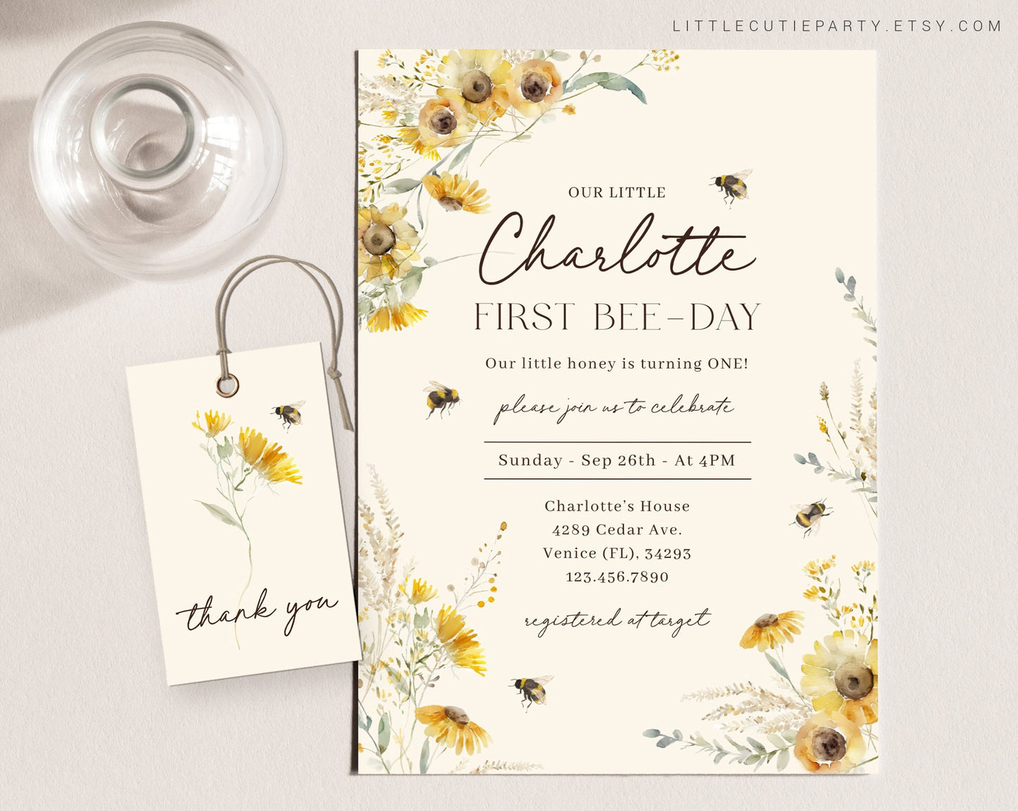 Editable Bee First Birthday Invitation, First Bee Day Invitations, Bee Birthday Invitations with Bee Favor Gift Tag BEEBD001