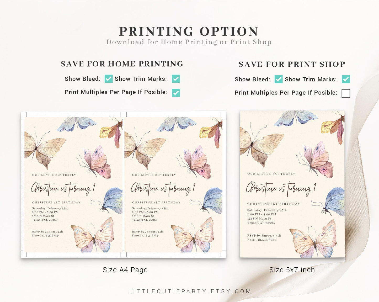 Editable Butterfly First Birthday Invitation, Butterfly First Birthday Party Invitation with Gift Tag BUTFBD001
