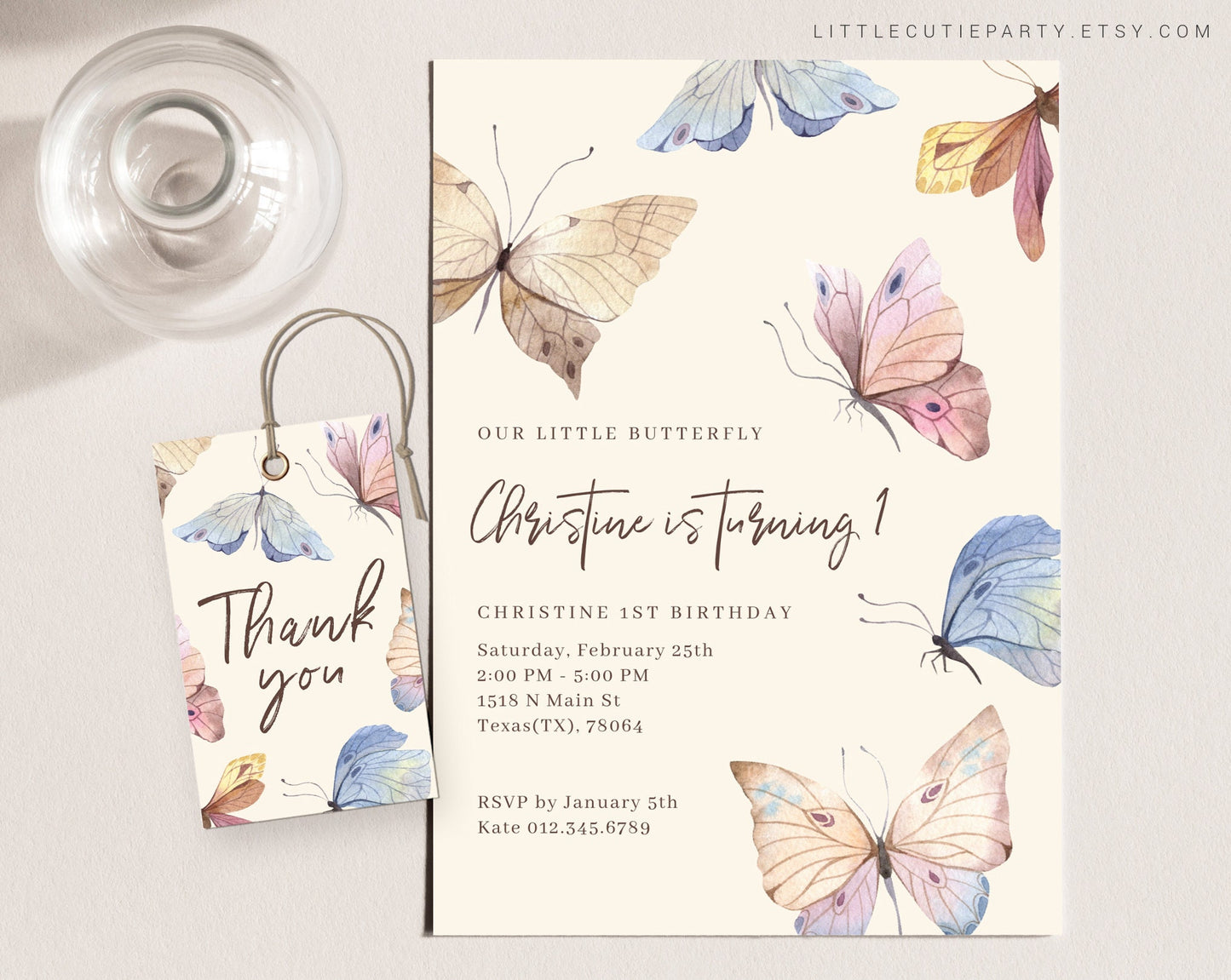Editable Butterfly First Birthday Invitation, Butterfly First Birthday Party Invitation with Gift Tag BUTFBD001