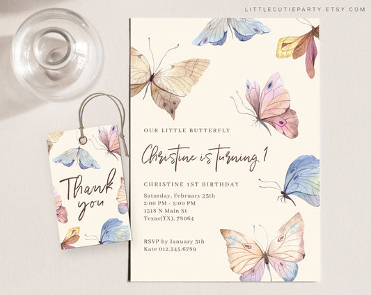 Editable Butterfly First Birthday Invitation, Butterfly First Birthday Party Invitation with Gift Tag BUTFBD001