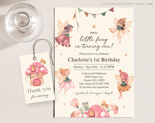 Editable Fairy First Birthday Invitation, Fairy Birthday Invitation, Girls First Birthday Fairy Invitation with Favor Tag FAIRBD001