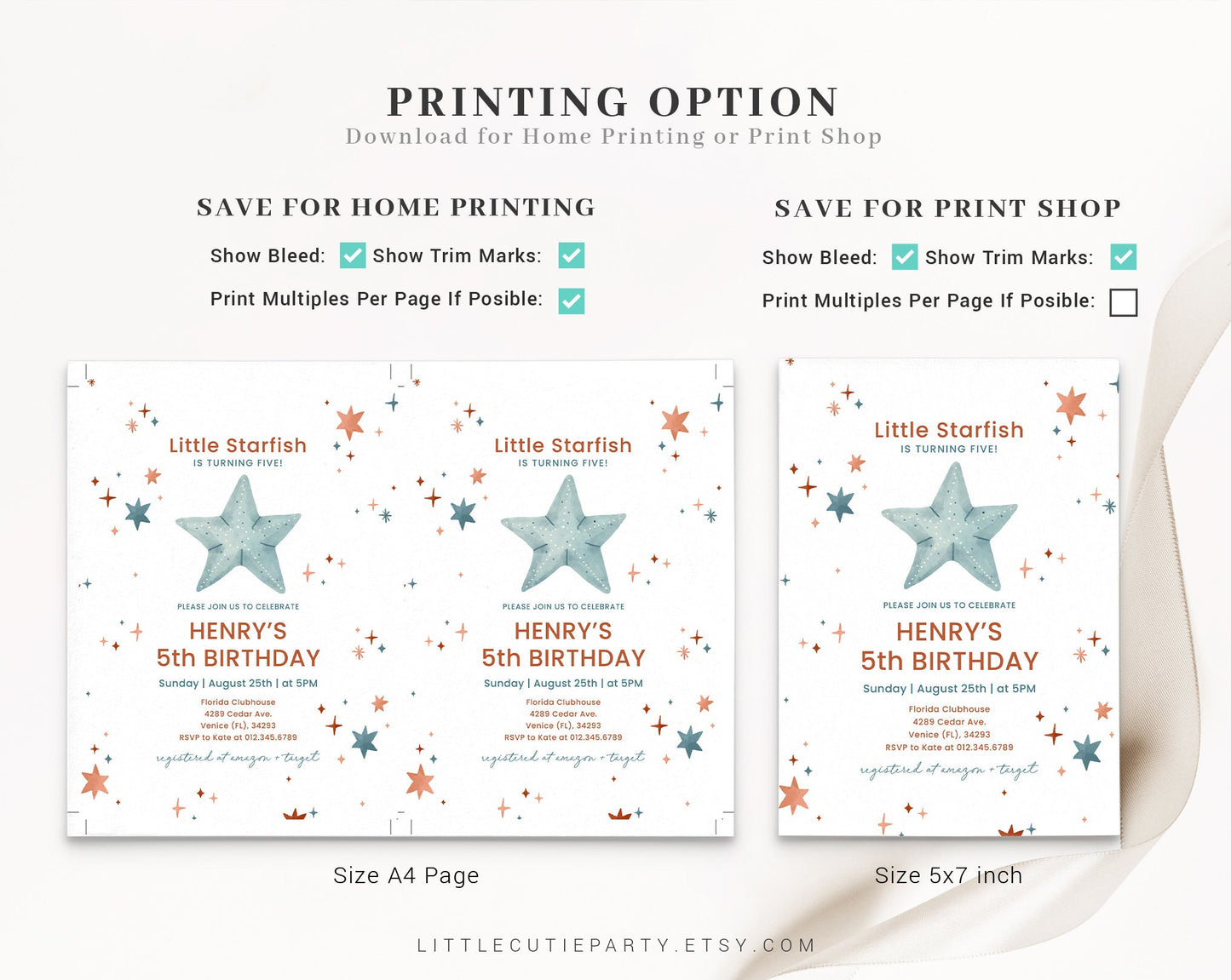 Editable starfish birthday invitations, starfish birthday card, Under the Sea Birthday Invitation Gift Tag OCENBD002
