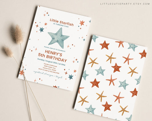 Editable starfish birthday invitations, starfish birthday card, Under the Sea Birthday Invitation Gift Tag OCENBD002
