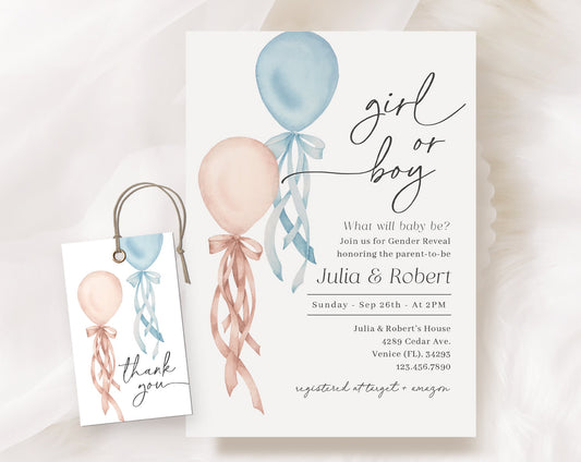 Editable Pink and Blue Balloon Gender Reveal Invitation, Gender Reveal Balloon Invitation, Boy Or Girl with Tag Favor BALGR002