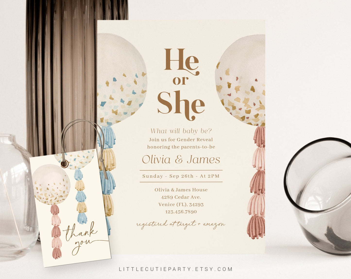 Editable Balloon Gender Reveal Invitation, Gender Reveal Balloon Invitation, Gender Reveal Party, Boy Or Girl with Tag Favor BALGR003