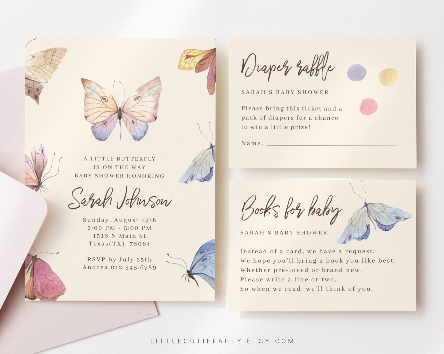 Editable Butterfly Boho Baby Shower Invitation, Butterfly Baby Shower Invitation, with Favor and Cards for Butterfly Party Theme BUTFBS001