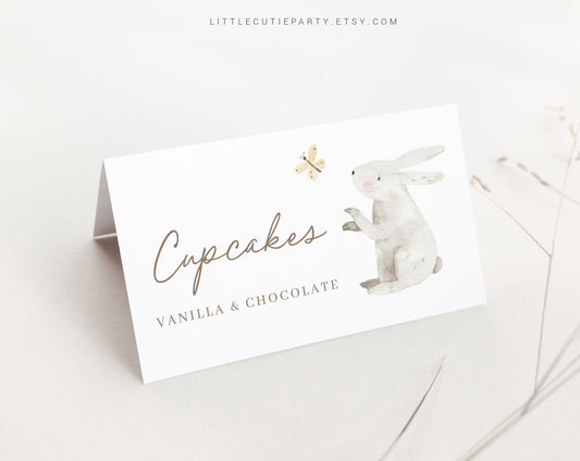 Editable Bunny Baby Shower Table Decorations, Food Labels, Food Tent cards, Food Tags, Folded Food Cards for Bunny Party BUNBS001
