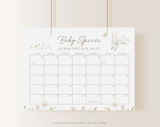 Editable Bunny Baby Shower Due Date Calendar Game, Baby Shower Due Date Calendar for Bunny Party BUNBS001