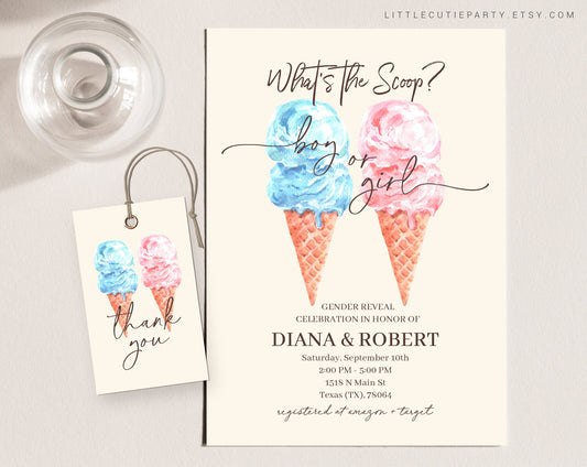 Editable Whats the Scoop Gender Reveal, Whats the Scoop Invite Template, He or She, Boy Or Girl, Gender Reveal Evite SCOGR001