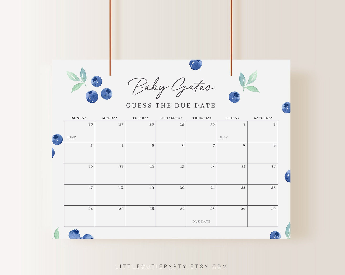 Editable Blueberry Baby Shower Due Date, Blueberry Baby Calendar Game, Due Date Calendar for Blueberry Party BLUEBS001