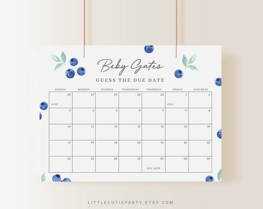 Editable Blueberry Baby Shower Due Date, Blueberry Baby Calendar Game, Due Date Calendar for Blueberry Party BLUEBS001